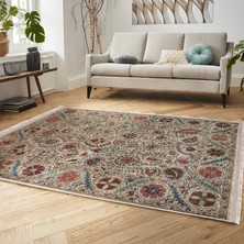 RealHomes Krem Zeminde Hereke Motifli Kilim Desenli Etnik Motifler Avangarde  Dijital Baskılı Makinede Yıkanabilir Kaymaz Taban Saçaklı Halı