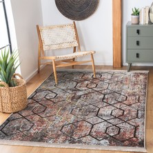 RealHomes Eskitme Zeminde Geometrik Motifli Kanvas Desenli Eskitme Motifli Geometrik  Baskılı Makinede Yıkanabilir Kaymaz Taban Saçaklı Halı