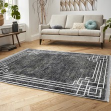 RealHomes Füme Zeminde Çerçeveli Motifli Duvar Desenli Geometrik Eskitme Motifli  Dijital Baskılı Makinede Yıkanabilir Kaymaz Taban Saçaklı Halı