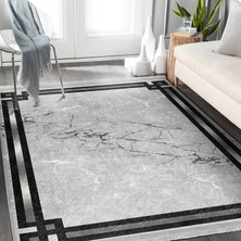RealHomes Gri - Siyah Zeminde Çerçeveli Motifli Mermer Desenli Geometrik Dijital Baskılı Makinede Yıkanabilir Kaymaz Taban Saçaklı Halı