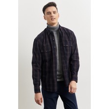 ALTINYILDIZ CLASSICS Erkek Lacivert-bordo Oversize Bol Kesim Düğmeli Yaka Ekose Desenli Kışlık Gömlek Ceket