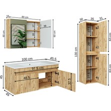 Roomart Lavabolu Atlantik Mat Mdf 100 cm Banyo Alt Dolap + Aynalı Üst Dolap + Boy Dolap