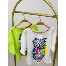 Çikoby Kız Çocuk Ananas Desenli Kısa Kol T-Shirt CK6473 Ekru