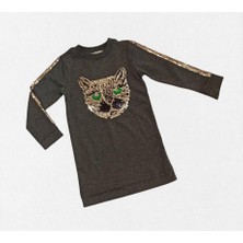 Woorage Kız Çocuk Kedi Nakışlı Elbise 0357 Gri
