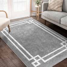 Gri Zeminde Modern Motifli Çerçeve Desenli Geometrik Sade & Şık Salon & Oturma Odası Ofis Dijital Baskılı Makinede Yıkanabilir Kaymaz Taban Saçaklı Halı