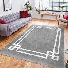 Gri Zeminde Modern Motifli Çerçeve Desenli Geometrik Sade & Şık Salon & Oturma Odası Ofis Dijital Baskılı Makinede Yıkanabilir Kaymaz Taban Saçaklı Halı