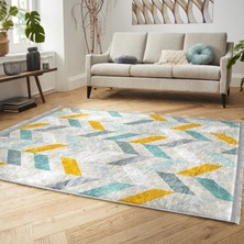 Beyaz Zeminde Modern Motifli Geometrik Desenli Geometrik Sade & Şık Koridor & Antre Banyo Dijital Baskılı Makinede Yıkanabilir Kaymaz Taban Saçaklı Halı