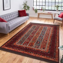 Kırmızı Zeminde Geleneksel Motifli Etnik Desenli Etnik Motifler Vintage Çocuk & Genç Odası Koridor & Antre Dijital Baskılı Makinede Yıkanabilir Kaymaz Taban Saçaklı Halı