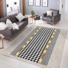 RealHomes Gold - Siyah Zeminde Geometrik Motifli Kazayağı Desenli Geometrik Klasik Koridor & Antre Yatak Odası Dijital Baskılı Makinede Yıkanabilir Kaymaz Taban Saçaklı Halı