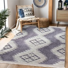 Gri Zeminde Baklava Motifli Kilim Desenli Bohem Sade & Şık Koridor & Antre Salon & Oturma Odası Dijital Baskılı Makinede Yıkanabilir Kaymaz Taban Saçaklı Halı
