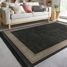 Füme Zeminde Çerçeveli Motifli Klasik Desenli Sade & Şık Klasik Salon & Oturma Odası Koridor & Antre Dijital Baskılı Makinede Yıkanabilir Kaymaz Taban Saçaklı Halı