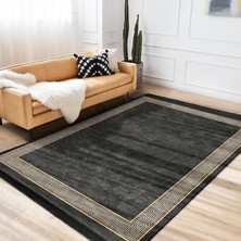 Füme Zeminde Çerçeveli Motifli Klasik Desenli Sade & Şık Klasik Salon & Oturma Odası Koridor & Antre Dijital Baskılı Makinede Yıkanabilir Kaymaz Taban Saçaklı Halı