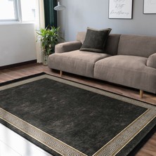 Füme Zeminde Çerçeveli Motifli Klasik Desenli Sade & Şık Klasik Salon & Oturma Odası Koridor & Antre Dijital Baskılı Makinede Yıkanabilir Kaymaz Taban Saçaklı Halı