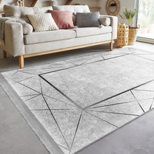 Gri Zeminde Çerçeveli Motifli Dokuma Halı Desenli Geometrik Sade & Şık Salon & Oturma Odası Mutfak Dijital Baskılı Makinede Yıkanabilir Kaymaz Taban Saçaklı Halı