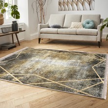 Gold - Gri Zeminde Çerçeveli Motifli Eskitme Desenli Klasik Geometrik Salon & Oturma Odası Yatak Odası Dijital Baskılı Makinede Yıkanabilir Kaymaz Taban Saçaklı Halı