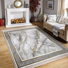 Gri - Gold Zeminde Çerçeveli Motifli Mermer Desenli Vintage Klasik Salon & Oturma Odası Yatak Odası Dijital Baskılı Makinede Yıkanabilir Kaymaz Taban Saçaklı Halı