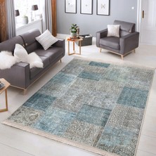 Krem - Mavi Zeminde Patchwork Motifli Geleneksel Desenli Vintage Klasik Salon & Oturma Odası Yatak Odası Dijital Baskılı Makinede Yıkanabilir Kaymaz Taban Saçaklı Halı