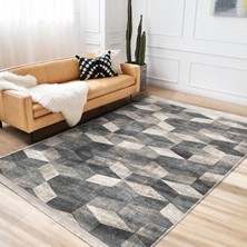 Bej - Gri Zeminde Örgü Motifli Geometrik Desenli Geometrik Eskitme Motifli Salon & Oturma Odası Koridor & Antre Dijital Baskılı Makinede Yıkanabilir Kaymaz Taban Saçaklı Halı