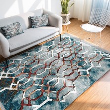 Mavi - Kırmızı Zeminde Kanvas Motifli Geometrik Desenli Modern Geometrik Koridor & Antre Salon & Oturma Odası Dijital Baskılı Makinede Yıkanabilir Kaymaz Taban Saçaklı Halı