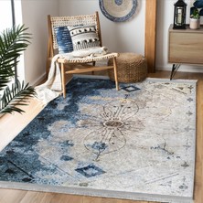 Mavi - Krem Zeminde Dokuma Halı Motifli Çiçek Desenli Floral Eskitme Motifli Salon & Oturma Odası Yatak Odası Dijital Baskılı Makinede Yıkanabilir Kaymaz Taban Saçaklı Halı
