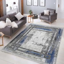 Mavi - Gri Zeminde Çerçeveli Motifli Eskitme Desenli Vintage Eskitme Motifli Salon & Oturma Odası Yatak Odası Dijital Baskılı Makinede Yıkanabilir Kaymaz Taban Saçaklı Halı
