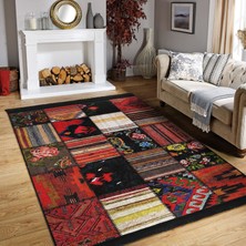 Siyah - Kırmızı Zeminde Patchwork Motifli Etnik Desenli Vintage Etnik Motifler Koridor & Antre Yatak Odası Dijital Baskılı Makinede Yıkanabilir Kaymaz Taban Saçaklı Halı