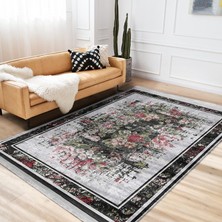 Siyah - Kırmızı Zeminde Çerçeveli Motifli Çiçek Desenli Floral Eskitme Motifli Salon & Oturma Odası Mutfak Dijital Baskılı Makinede Yıkanabilir Kaymaz Taban Saçaklı Halı