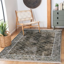 Kahverengi - Gri Zeminde Çerçeveli Motifli Morrocan Desenli Eskitme Motifli Geometrik Salon & Oturma Odası Dış Mekan & Outdoor Dijital Baskılı Makinede Yıkanabilir Kaymaz Taban Saçaklı Halı