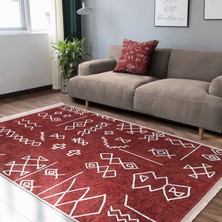 Kırmızı Zeminde Etnik Motifli Tribal Desenli Etnik Motifler Geometrik Salon & Oturma Odası Koridor & Antre Dijital Baskılı Makinede Yıkanabilir Kaymaz Taban Saçaklı Halı