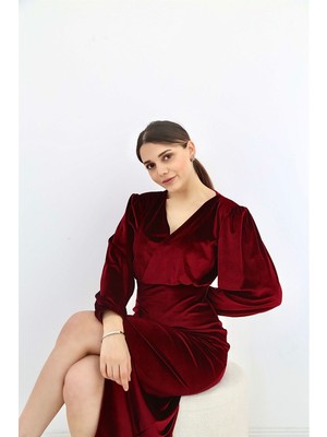 Elbee Fashion Woman Yırtmaçlı Kadife Elbise - Bordo