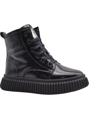 Kids A More Lilly Bağcıklı ve Fermuarlı Deri Kız Çocuk Bot Siyah