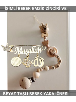 Sahi Aksesuar Isimli Bebek Emzik Zinciri ve Beyaz Taşlı Bebek Yaka Iğnesi
