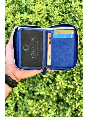 Cüzcan Mini Petty Mavi Unisex Fermuarlı Deri Cüzdan