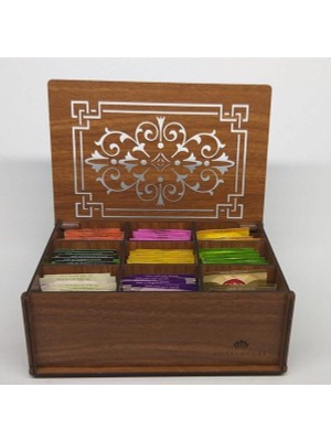 Hüma Tasarım Ve Aksesuar Doğal  Ahşap Çay Kutusu 9 Bölmeli Kapaklı Poşet Bitki Çayı Saklama Kabı (Tea Box)