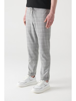 Avva Erkek Gri Beli Lastikli Ekoseli Relaxed Fit Jogger Pantolon E003017