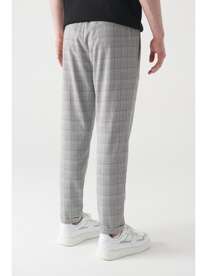 Avva Erkek Gri Beli Lastikli Ekoseli Relaxed Fit Jogger Pantolon E003017
