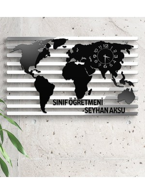 BK Kişiye Özel Öğretmen Dünya Haritası Ahşap Duvar Saati - 2
