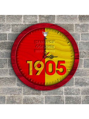 BK Kişiye Özel Sarı Kırmızı Şampiyon Öğretmen Ahşap Duvar Saati