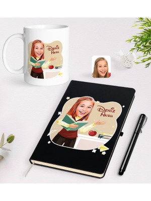 Bk Gift Kişiye Özel Öğretmen Karikatürlü Siyah Defter Kalem Kupa Seti - 3