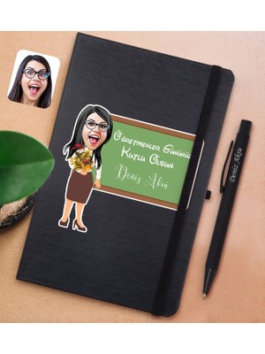 Bk Gift Kişiye Özel Öğretmen Karikatürlü Siyah Defter ve Metal Versatil Kalem(0,7 Kurşun) Hediye Seti-1