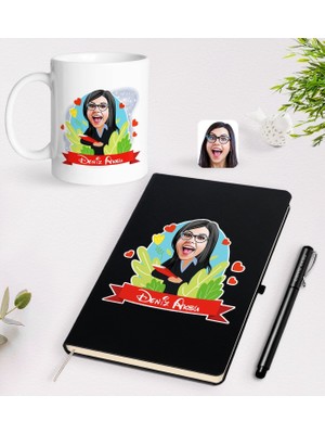 Bk Gift Kişiye Özel Öğretmen Karikatürlü Siyah Defter Kalem Kupa Seti - 7