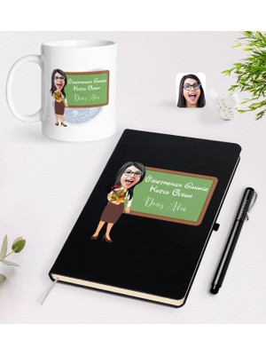 Bk Gift Kişiye Özel Öğretmen Karikatürlü Siyah Defter Kalem Kupa Seti - 1