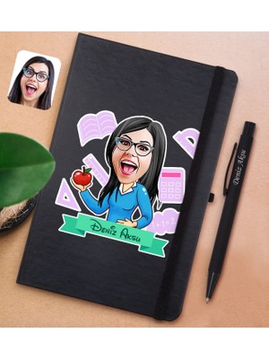 Bk Gift Kişiye Özel Öğretmen Karikatürlü Siyah Defter ve Metal Versatil Kalem(0,7 Kurşun) Hediye Seti-5