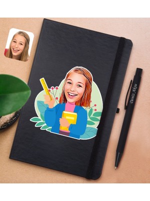 Bk Gift Kişiye Özel Öğretmen Karikatürlü Siyah Defter ve Metal Versatil Kalem(0,7 Kurşun) Hediye Seti-6