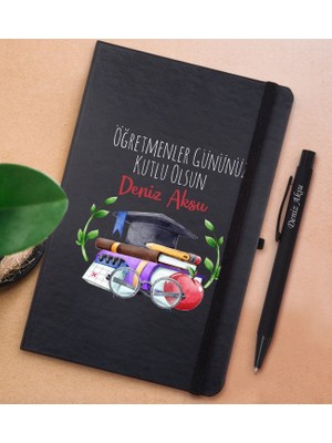 Bk Gift Kişiye Özel Öğretmenler Günü Tasarımlı Siyah Defter ve Metal Versatil Kalem(0,7 Kurşun) Hediye Seti-3