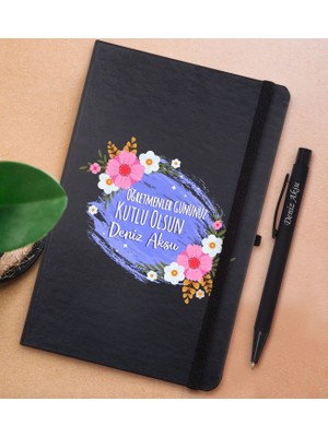 Bk Gift Kişiye Özel Öğretmenler Günü Tasarımlı Siyah Defter ve Metal Versatil Kalem(0,7 Kurşun) Hediye Seti-4