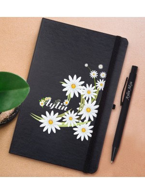 Bk Gift Kişiye Özel Papatya Temalı Siyah Defter ve Metal Versatil Kalem(0,7 Kurşun) Hediye Seti-1