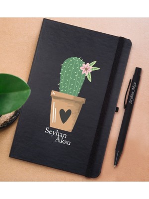 Bk Gift Kişiye Özel Kaktüs Tasarımlı Siyah Defter ve Metal Versatil Kalem(0,7 Kurşun) Hediye Seti-6