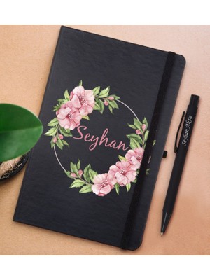 Bk Gift Kişiye Özel Çiçek Tasarımlı Siyah Defter ve Metal Versatil Kalem(0,7 Kurşun) Hediye Seti-17