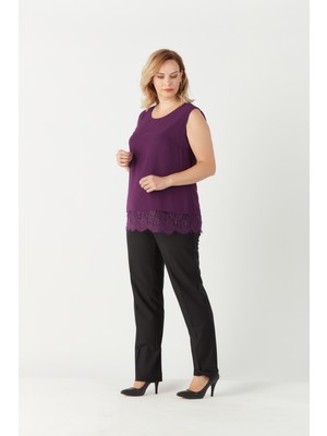 Moda Berray 3207 Etek Ucu Dantelli Şifon Büyük Beden Şık Bluz Mürdüm